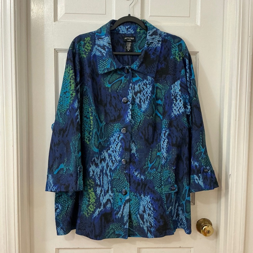 Attyre Snakeskin Animal Print Jacket 3X Blue Green Stretch Bold Career Travel